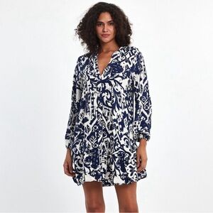 Zara Blue and White Long sleeve Dress with Buttons, Small